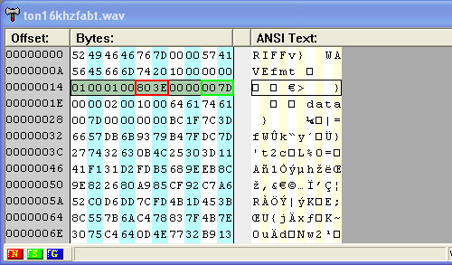 MG1: Abbildung 2: Die 16kHz-Datei im Hex-Editor geoeffnet